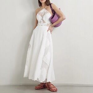Farm Rio Embroidered White Linen Maxi Dress XL Crochet A-Line Halter